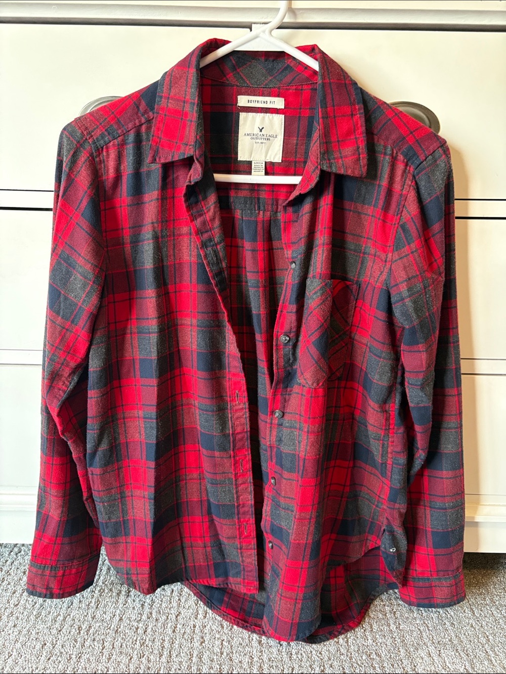 American Eagle Outfitters Red and Black Plaid Button-Down Shirt